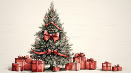 Detailed Christmas tree illustration, Decorated Christmas tree surrounded by presents against a white background, Christmas card concept