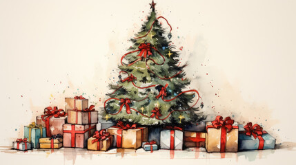 Detailed Christmas tree illustration, Decorated Christmas tree surrounded by presents against a white background, Christmas card concept