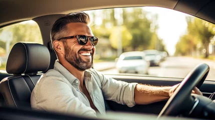 Deurstickers homme souriant au volant de sa voiture © Sébastien Jouve