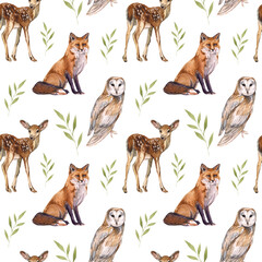 Watercolor seamless pattern with forest wild animals on a white background. Fox, deer, owl and greenery.Children's print for fabric, room, ceramics, wallpaper and wrapping paper.