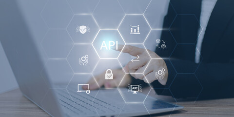 Application Programming Interface (API) on blue background. Software development tool, information...
