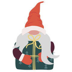 Cute gnome with long beard and red hat isolated on white. Fairy tale dwarf. Scandinavian cartoon character with gift for Christmas decoration.
