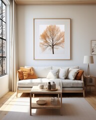 Living room with Scandinavian influences, featuring beige and orange accents, focus on a white-framed mockup painting.