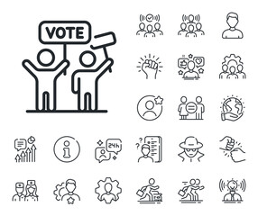 People rally with signs. Specialist, doctor and job competition outline icons. Voting campaign line icon. Public election symbol. Voting campaign line sign. Vector
