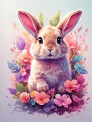 Cute Easter bunny in pink flowers , background for postcard , poster, holiday