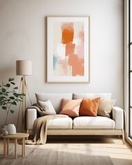 Living room with Scandinavian influences, featuring beige and peach fuzz accents, focus on a white-framed mockup painting.