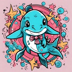 a cute cartoon caricature of a happy blue dolphin