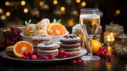 Beautiful picture illustration of a Christmas table with dessert