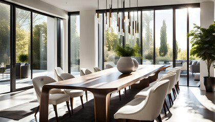 A luxurious, modern, and bright kitchen and dining room with white walls and large windows that let in bright sunlight.