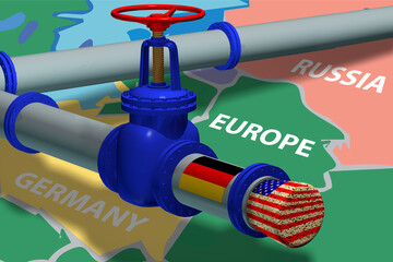 Gas pipe of Russia with a closed plug texture of the USA on the background of maps of Europe and Russia. 3d rendering.