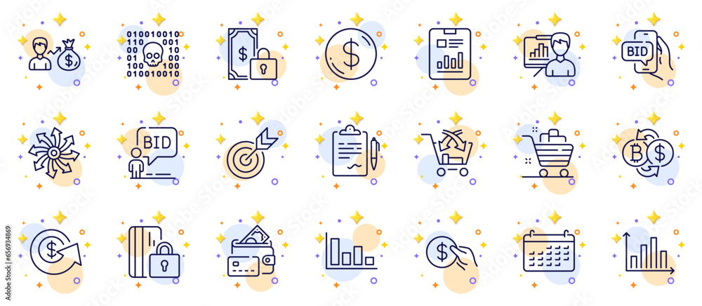 Poster outline set of bitcoin exchange, private payment and versatile line icons for web app. include dolla
