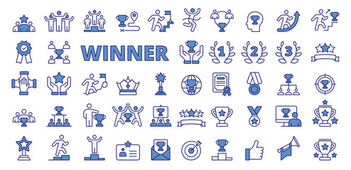 Set of Winner icons in line design blue. Cup, winner, first place, prize, victory, success, celebration, podium icons isolated on white background vector.