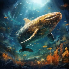 A majestic whale swims amidst a celestial backdrop of stars, planets, and nebulae, blending the wonders of the ocean with the mysteries of the universe.