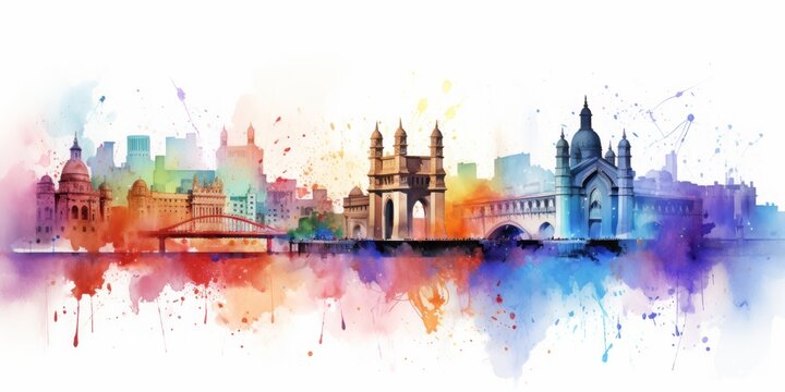 Rainboe colored Aquarelle Splash Painting Depicting the Majestic Silhouette of Mumbai, Showcasing Iconic Landmarks and the Spirit of India's Bustling Metropolis