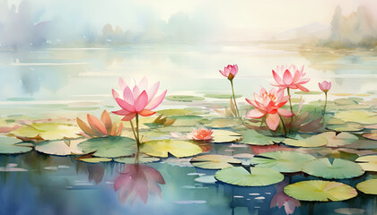 Watercolor Lotus Serenity: Tranquil Lake Scene