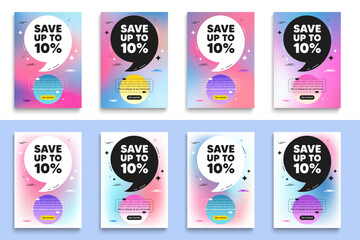 Save up to 10 percent. Poster frame with quote. Discount Sale offer price sign. Special offer symbol. Discount flyer message with comma. Gradient blur background posters. Vector