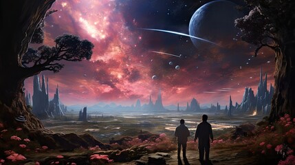 Two friends enter in an alien world, created with Generative AI