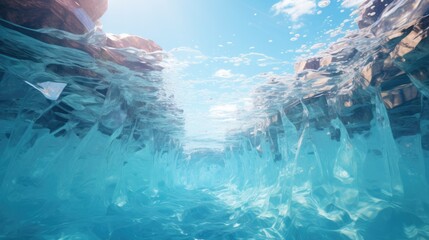 Photograph of a melting glacier with visible water streams, focus on the scale of the ice loss. Global warming, climate change concept.