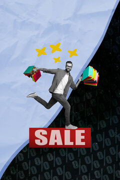 Vertical composite abstract photo collage of good mood handsome man hold shopping bags run on sale isolated creative colorful background