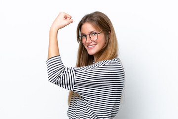 Young caucasian woman isolated on white background doing strong gesture
