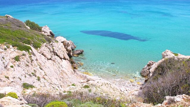 Saint George beach from Drakano tower fortress watchtower on Ikarian Sea, Greek Aegean islands of Ikaria island, Greece by Samos Fournoi islands