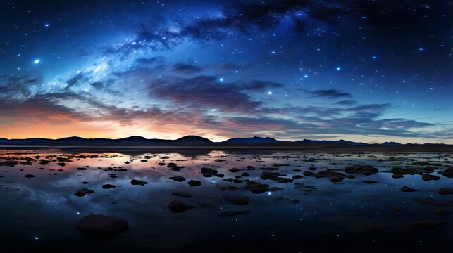 Vast exppanse of starry sky with milky way and shooting stars