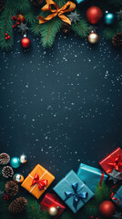 Colorful christmas background with presents. Top view.
