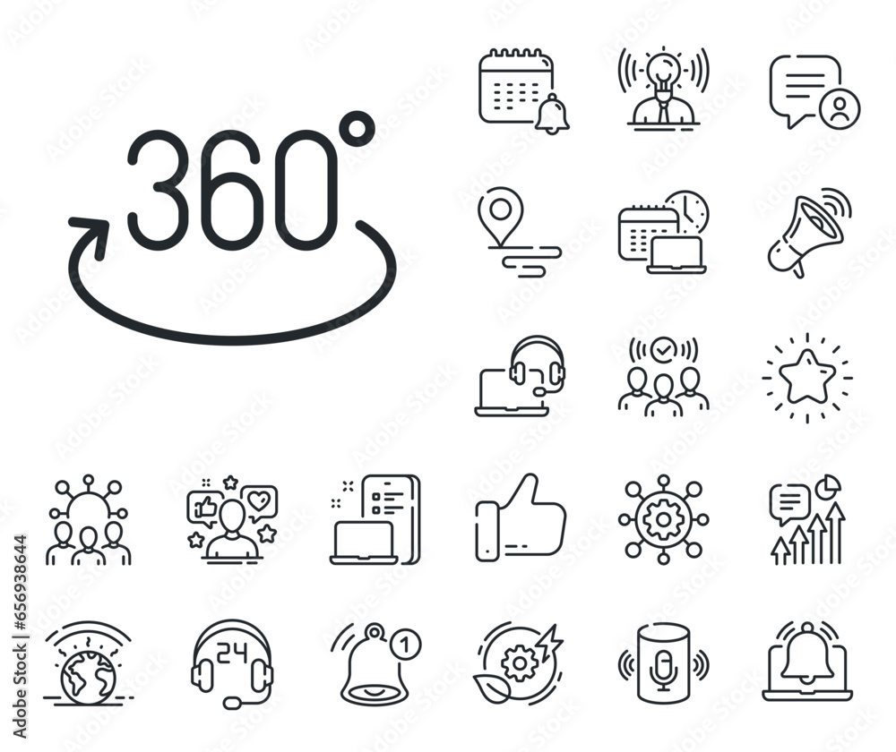 Poster full rotation sign. place location, technology and smart speaker outline icons. 360 degree line icon