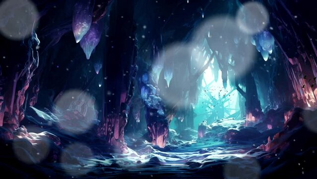 the view inside the haunted cave, seamless looping video background animation, cartoon anime style