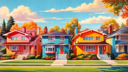 Colorful suburban homes in a row. AI generated - obrazy, fototapety, plakaty