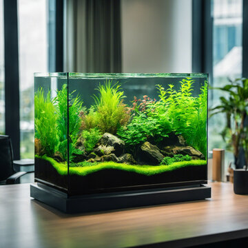 Small beautiful freshwater aquarium on the table in the office. Aquascape with tropical underwater plants.