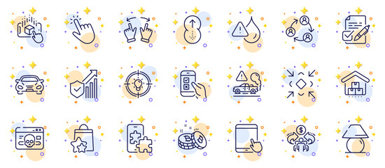 Outline set of Table lamp, Exhaust and Car line icons for web app. Include Teamwork, Waterproof, Sharing economy pictogram icons. Storage, Augmented reality, Phone puzzle signs. Cursor. Vector