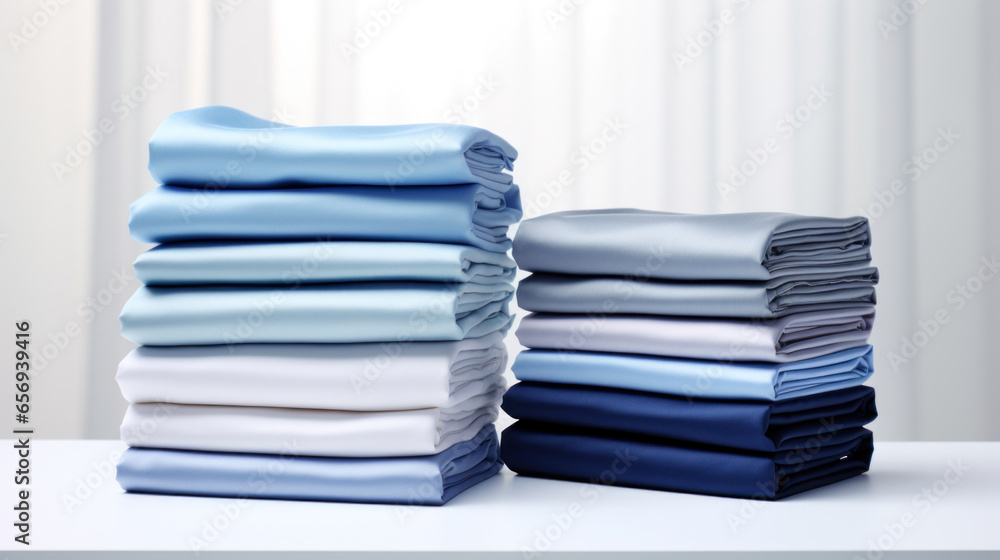 Aufkleber folded clothes in stacks of various simple blue placed on a table on a light background