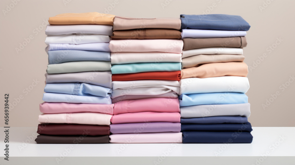 Poster folded clothes in stacks of various simple colors placed on a table on a white background