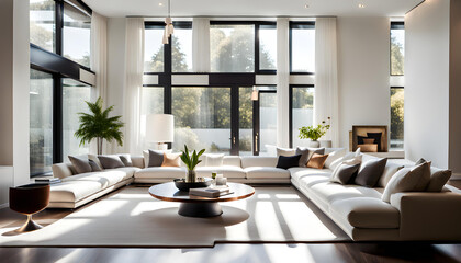 A luxurious modern bright living room with white walls and bright sunlight shining through the large windows.