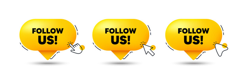 Follow us tag. Click here buttons. Special offer sign. Super offer symbol. Follow us speech bubble chat message. Talk box infographics. Vector
