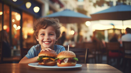 Happy kid in a street cafe with burger - obrazy, fototapety, plakaty
