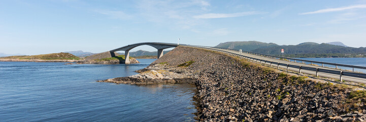 Panoramic image. Norwegian atlantic road bridge - Storseisundbrua. Amazing and world famous road. Norway