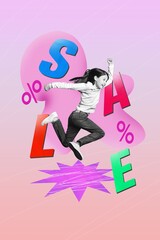 Vertical composite illustration photo collage of happy overjoyed schoolkid hurry running shopping isolated creative colorful background