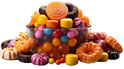 Halloween colorful candies served in a big bow isolated on a white background