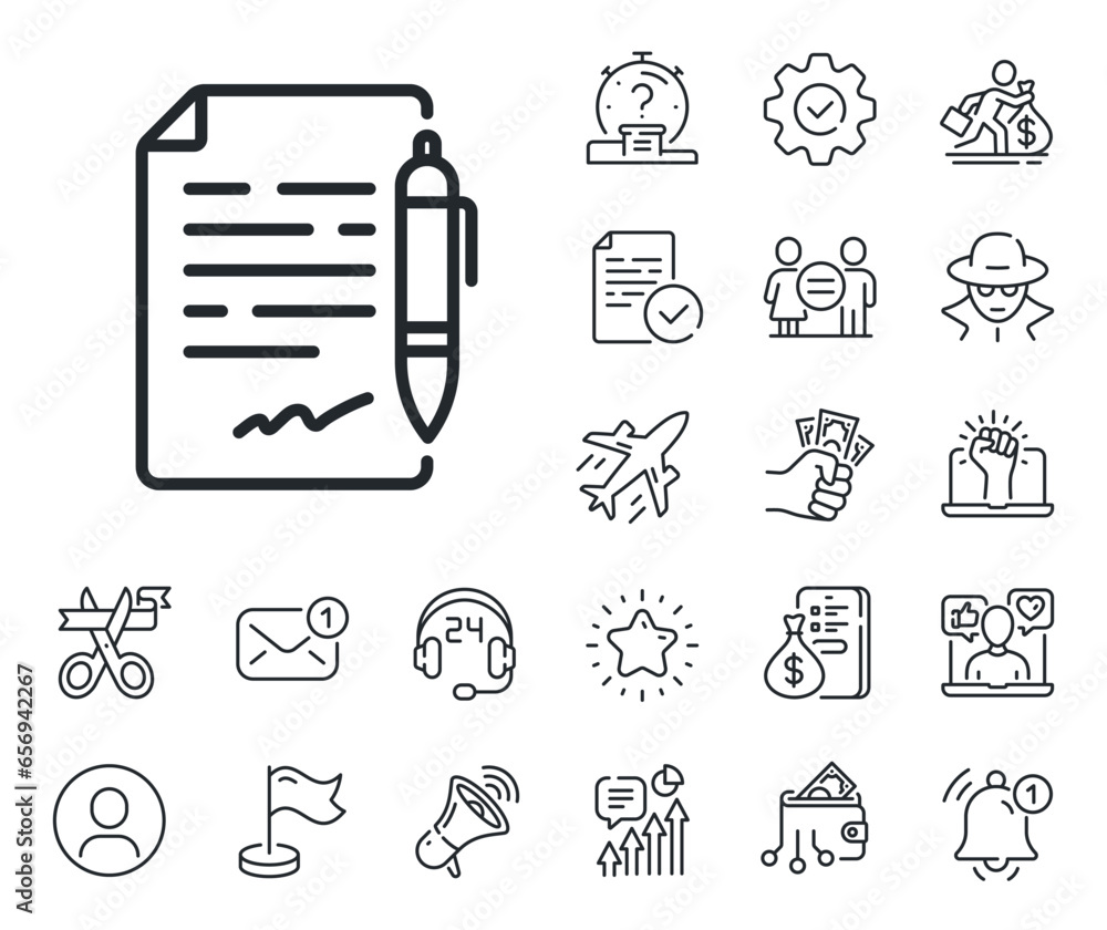 Poster contract file signature sign. salaryman, gender equality and alert bell outline icons. agreement doc