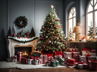 Christmas tree decorations and gifts in the living room, christmas background