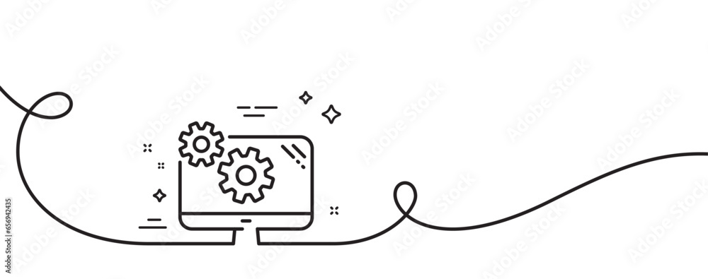 Poster settings line icon. continuous one line with curl. cogwheel engineering tool sign. cog gear symbol. 