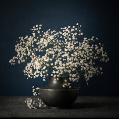 Still life with a bunch of baby breath flower in a old vase with dark blue background