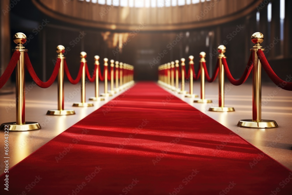 Poster a luxurious red carpet with gold poles. perfect for adding a touch of elegance and sophistication to