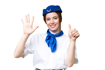 Airplane stewardess over isolated chroma key background counting six with fingers