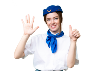 Airplane stewardess over isolated chroma key background counting six with fingers