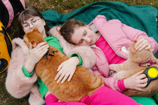Smiling young women lying with cats on blanket