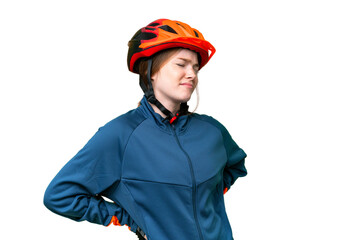 Young cyclist woman over isolated chroma key background suffering from backache for having made an effort - obrazy, fototapety, plakaty