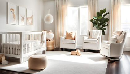 A luxurious, modern, and bright nursery for newborns with white walls and large windows that let in bright sunlight.